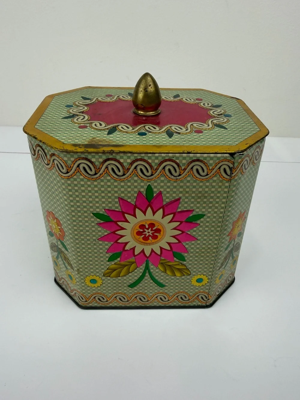 Vintage S.L.K. Floral Tin Canister Storage Box Octagonal Lidded